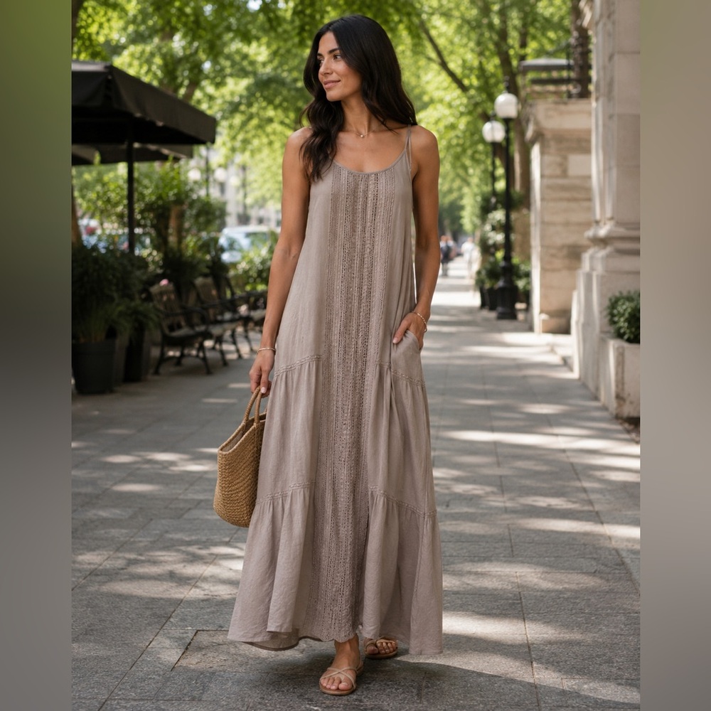 Fashion On Earth Boho Hippie CROCHET Mauve Dusty Rose Taupe Dress Large